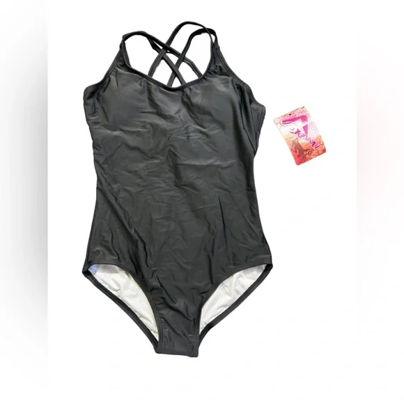 KANU SURF girls size 16 solid black one piece cross back swimsuit style 1153 NWT